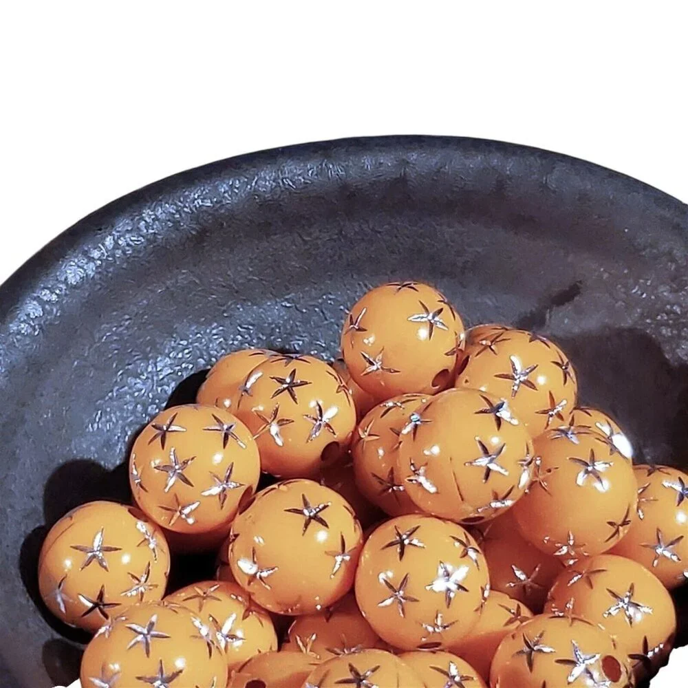 Vintage Retro Orange Silver Stars 12mm Round Acrylic Shabby Chic Beads 10 pcs